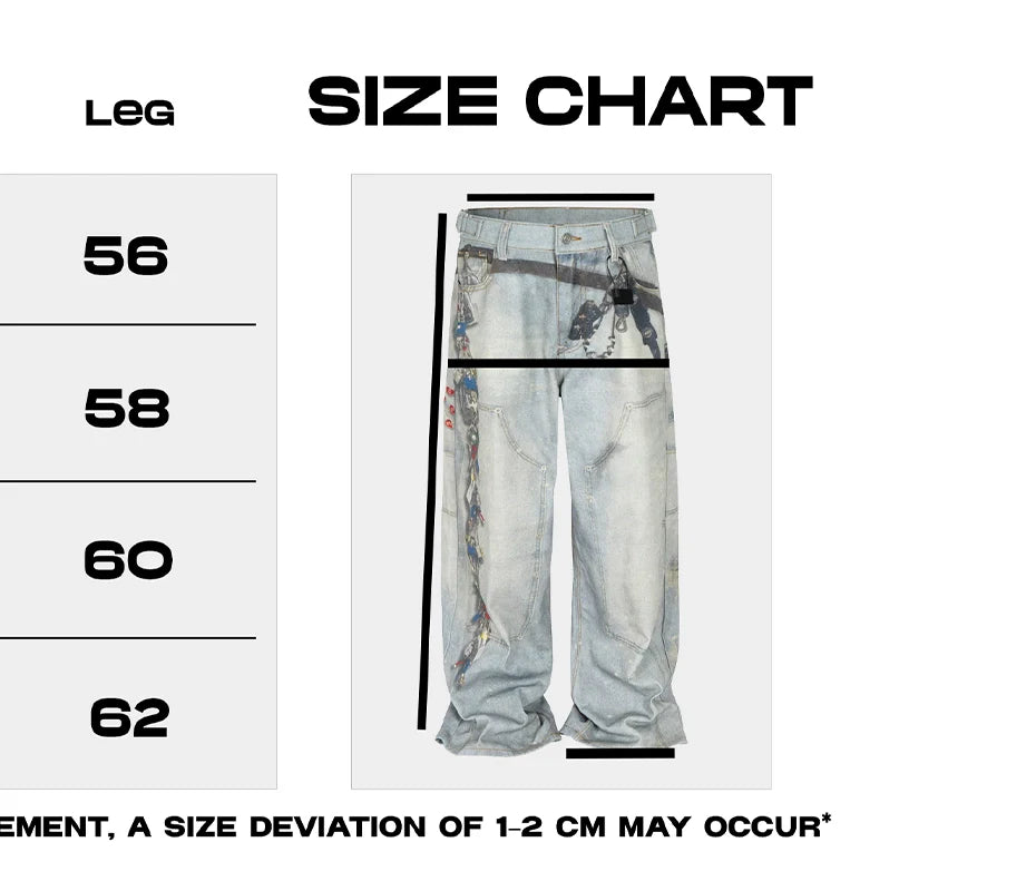 Loose Straight Wide-Leg Floor-Length Blue Jeans with Printed Visual Keychain Pattern