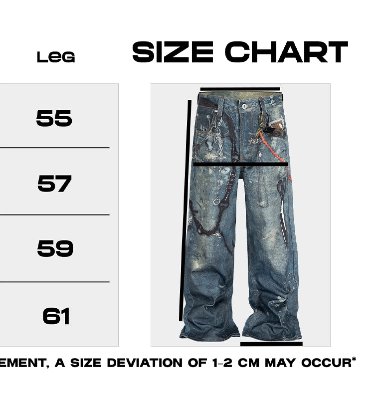 Cubbiluppi™ Printed Chain & Scissors Graphic on a Loose Straight Wide Leg Denim Jeans Trousers Tide for Men