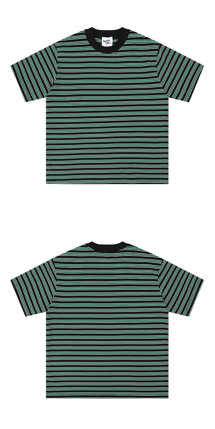 Retro Niche Design Sense Trendy Stripes, Contrast Round Neck Pullover, Loose And Versatile Short Sleeve T-shirt