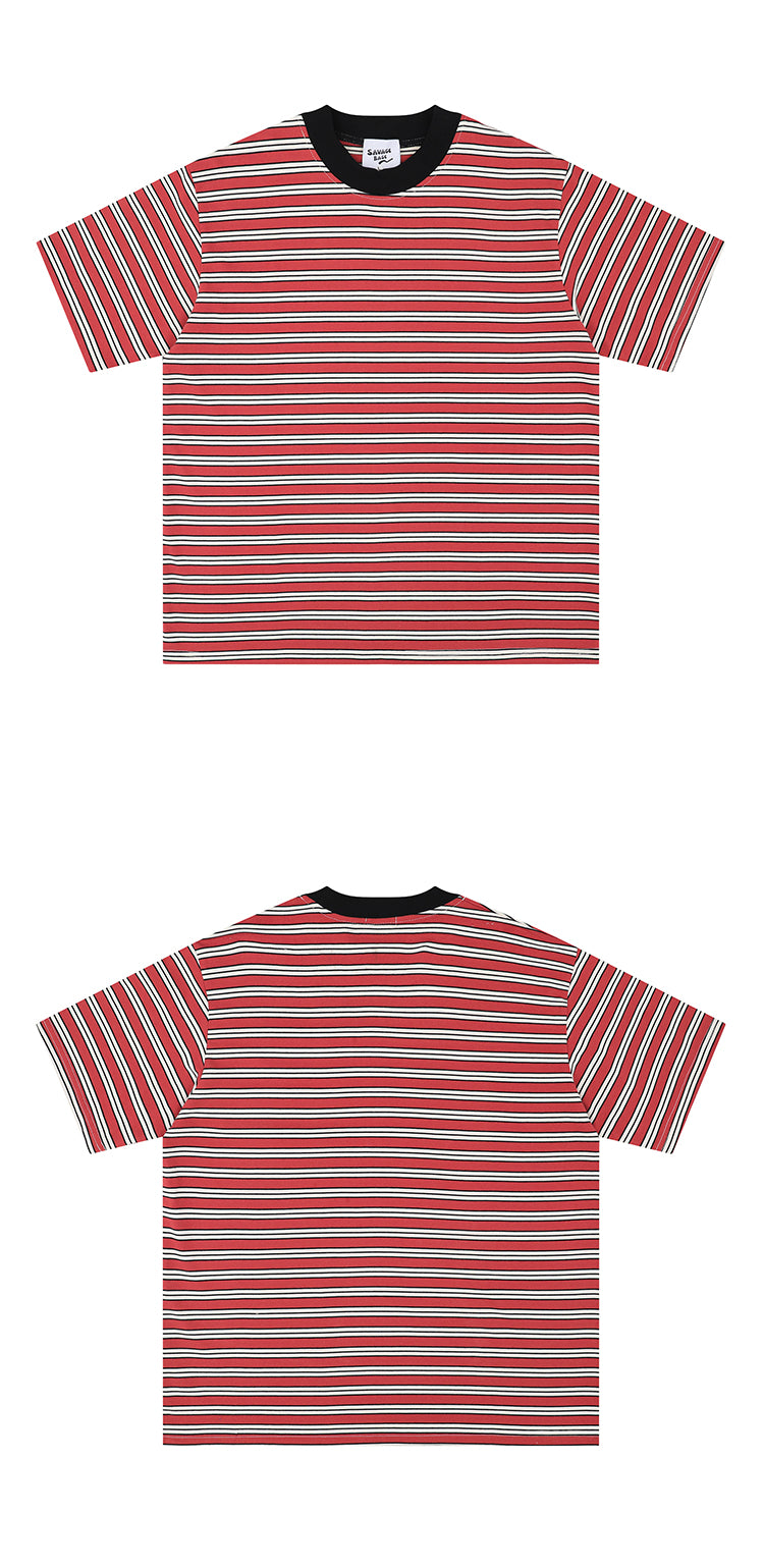 Retro Niche Design Sense Trendy Stripes, Contrast Round Neck Pullover, Loose And Versatile Short Sleeve T-shirt