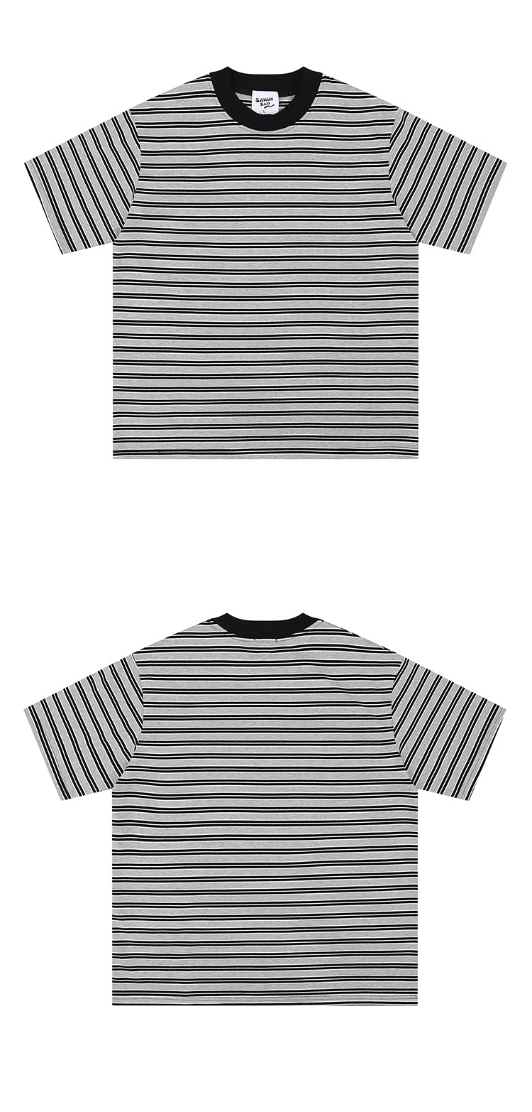 Retro Niche Design Sense Trendy Stripes, Contrast Round Neck Pullover, Loose And Versatile Short Sleeve T-shirt