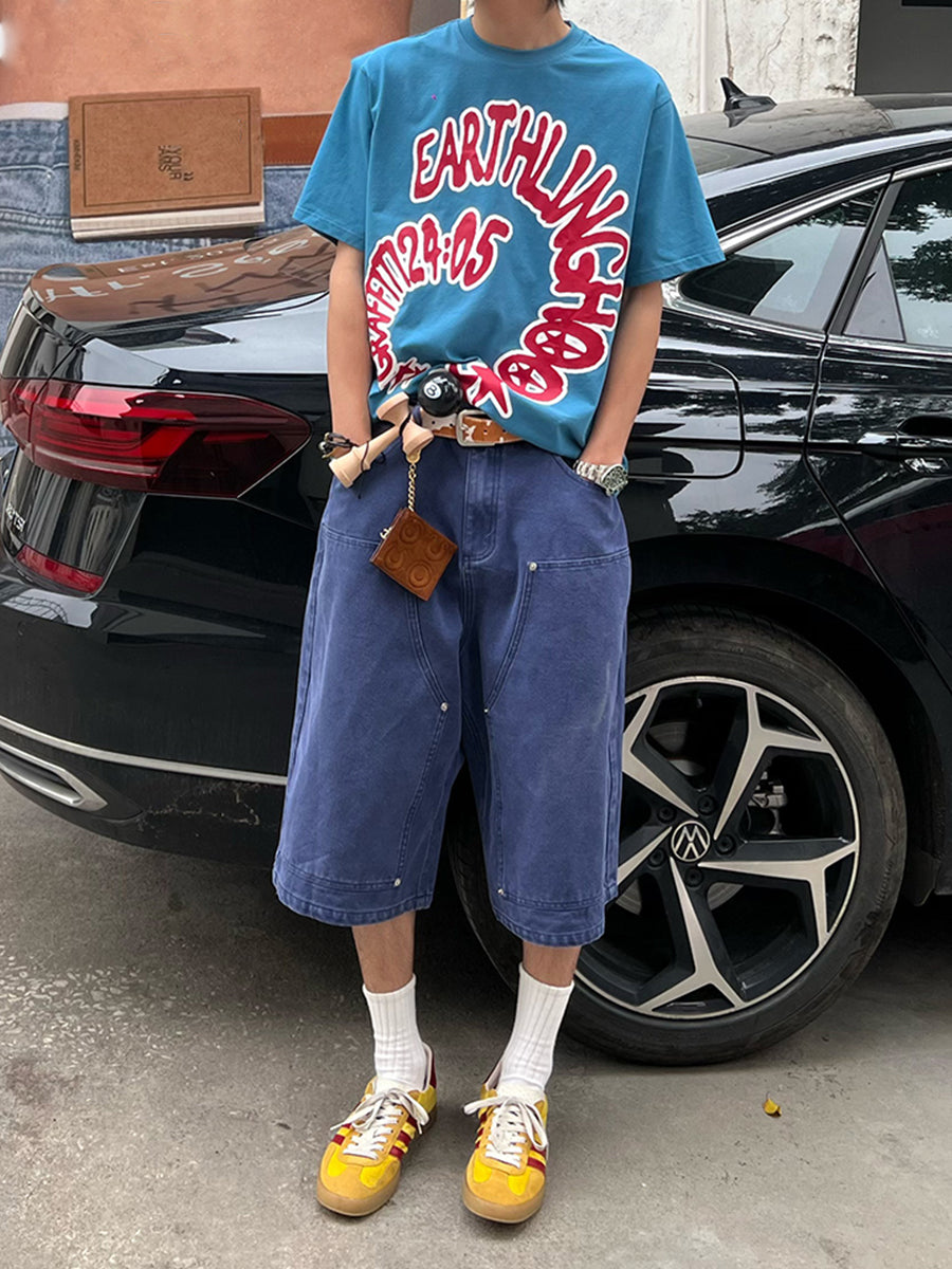Retro Hard Texture Washed Wide-Leg Denim Jeans Cropped Pants/Shorts for Men and Women