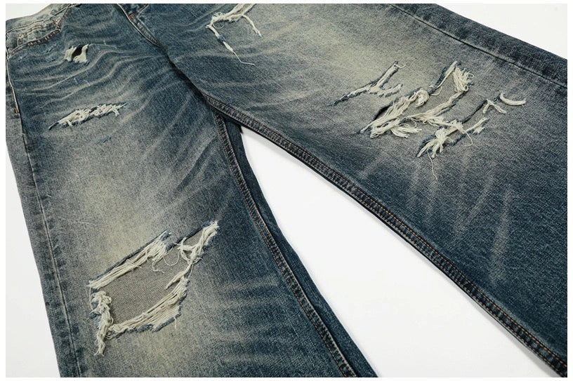 Heavy Distressed Wash Old Knife Cut Damage Patch Denim Vintage Jeans