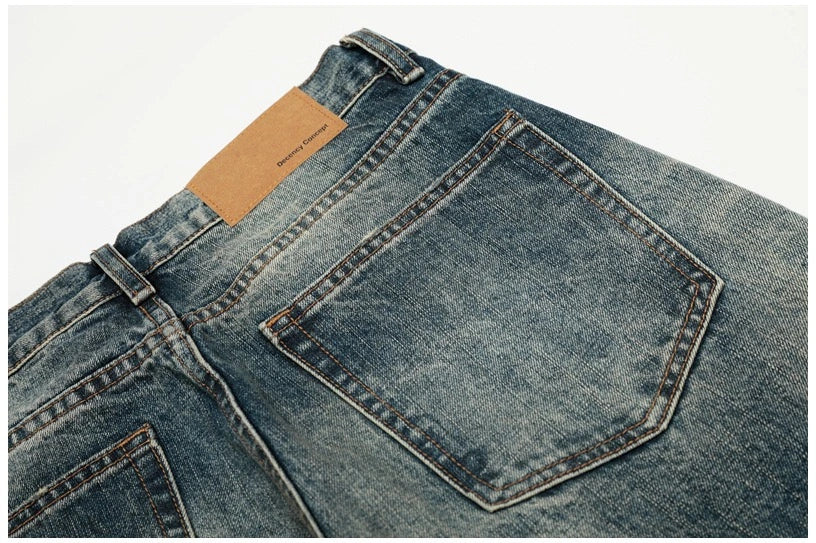 Heavy Distressed Wash Old Knife Cut Damage Patch Denim Vintage Jeans