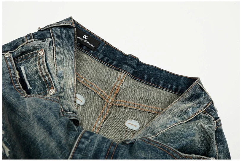 Heavy Distressed Wash Old Knife Cut Damage Patch Denim Vintage Jeans