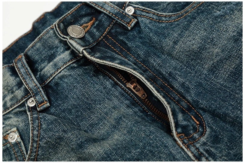 Heavy Distressed Wash Old Knife Cut Damage Patch Denim Vintage Jeans