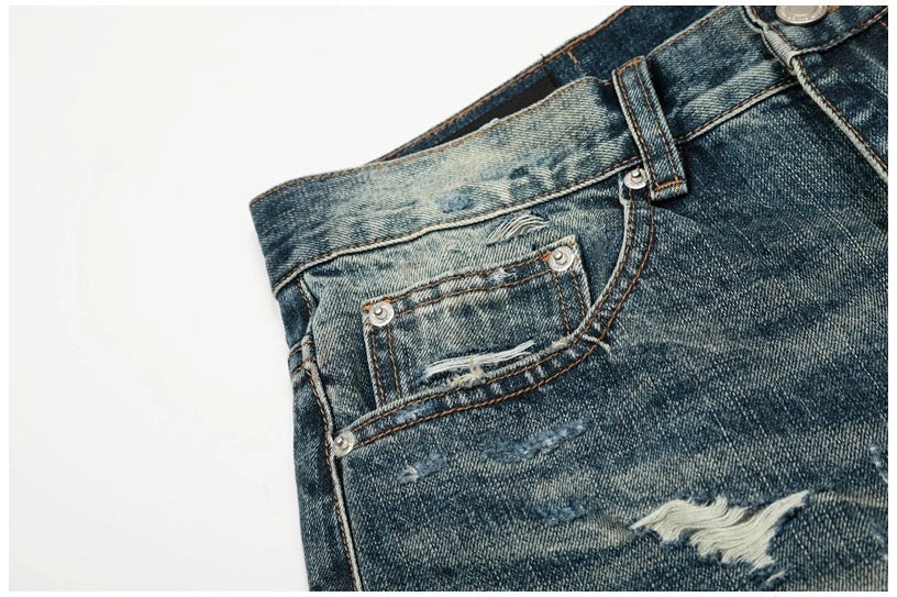 Heavy Distressed Wash Old Knife Cut Damage Patch Denim Vintage Jeans