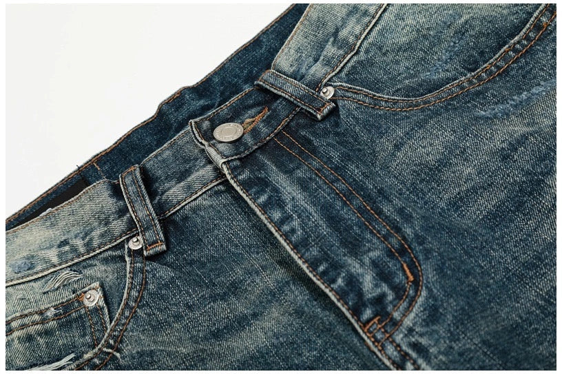 Heavy Distressed Wash Old Knife Cut Damage Patch Denim Vintage Jeans