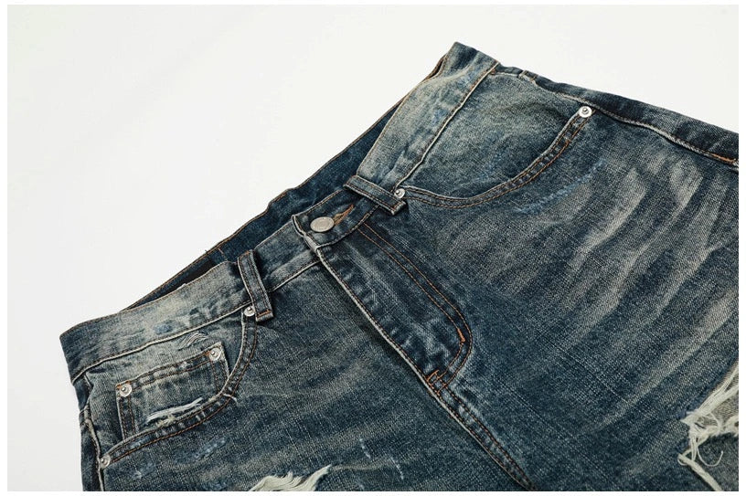 Heavy Distressed Wash Old Knife Cut Damage Patch Denim Vintage Jeans