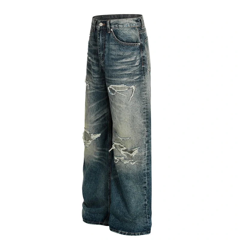 Heavy Distressed Wash Old Knife Cut Damage Patch Denim Vintage Jeans