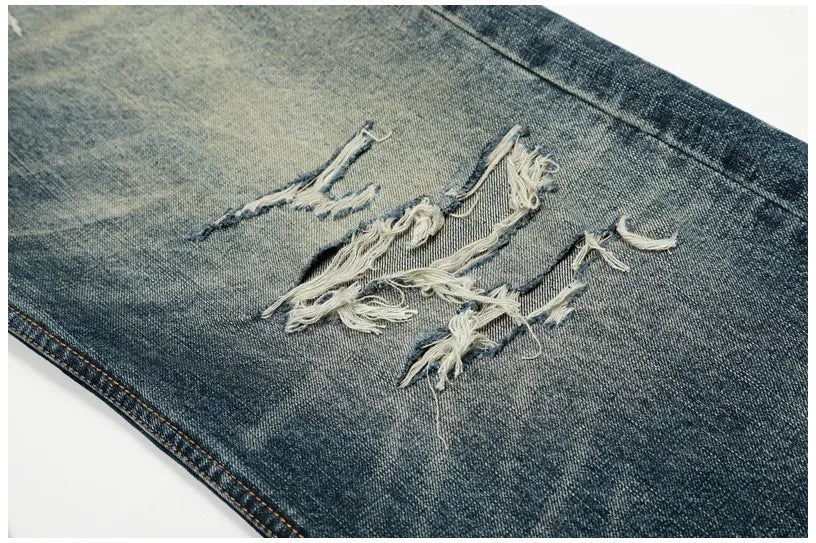 Heavy Distressed Wash Old Knife Cut Damage Patch Denim Vintage Jeans
