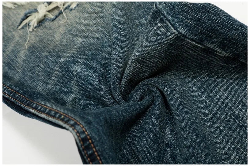 Heavy Distressed Wash Old Knife Cut Damage Patch Denim Vintage Jeans