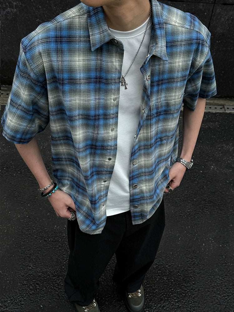 100% Cotton Men’s Plaid Button-Up Shirt Mexican Gang Style – Short Sleeve Blue & Gray Checkered Flannel Oversize T-Shirt for Men & Women