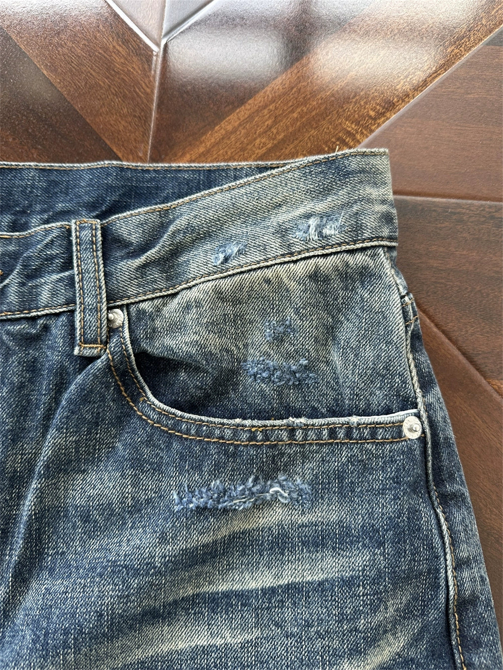 Heavy Distressed Wash Old Knife Cut Damage Patch Denim Vintage Jeans