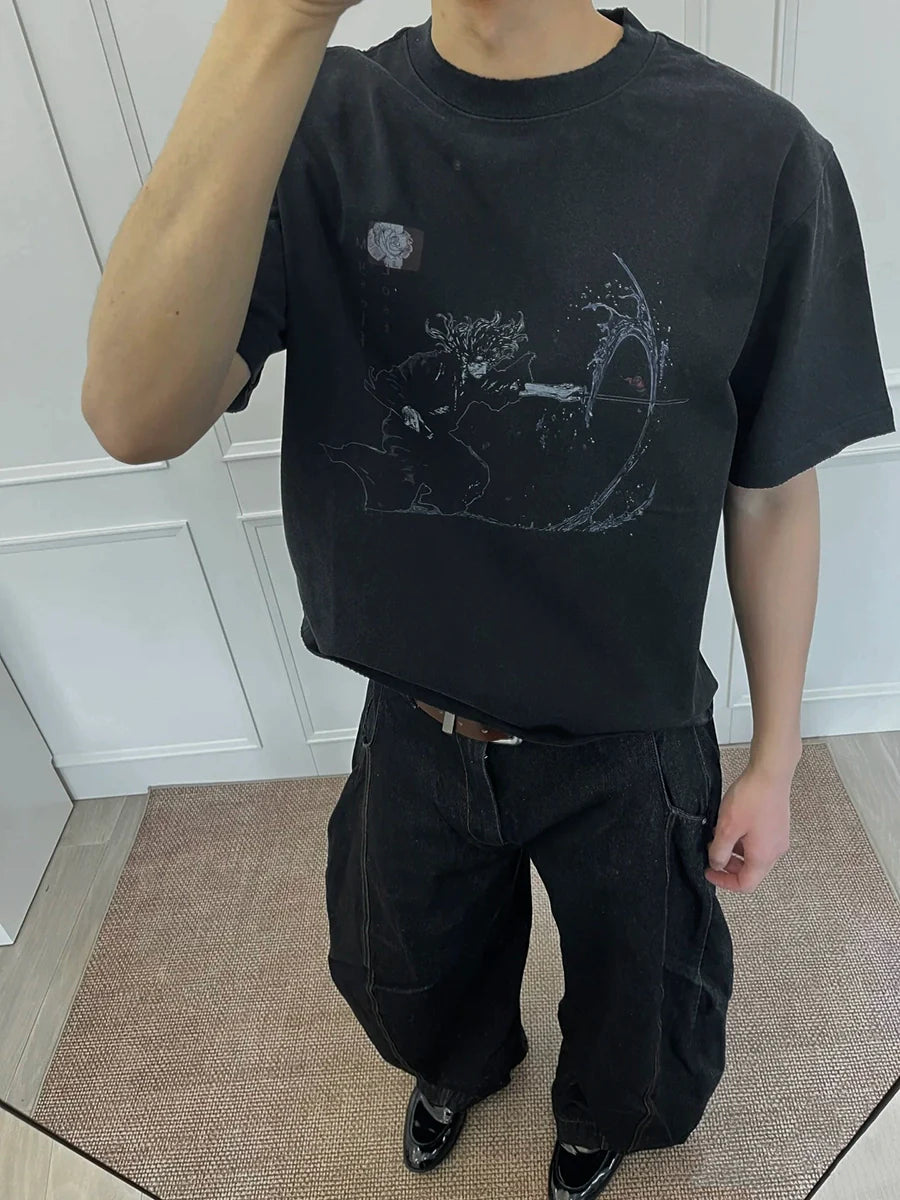 Wide Portrait Print Vintage Distressed Cleanfit Style T-shirt Short-sleeved for Men & Women