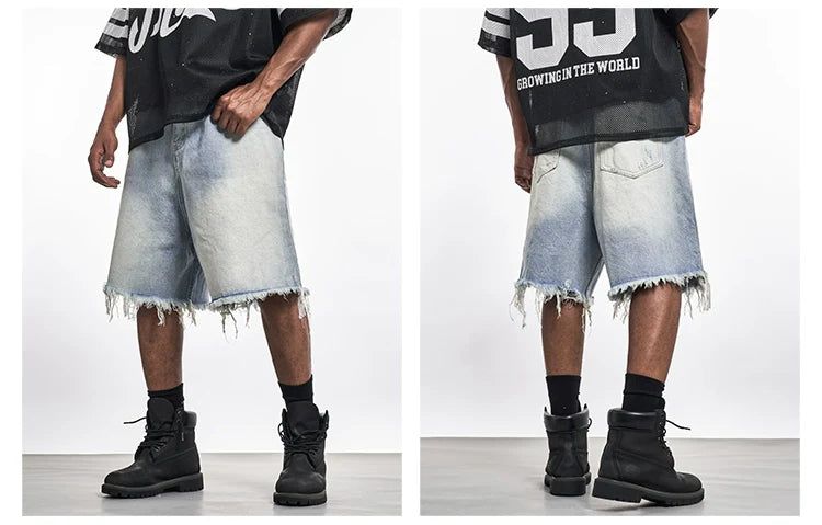 Raw Edge Cropped Design Gradient Denim Jeans Shorts