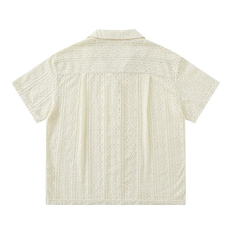 Butterfly Lace Button-Up Shirt Apricot Butterfly Shirt Lapel Oversize & Versatile for Men – Soft Cream