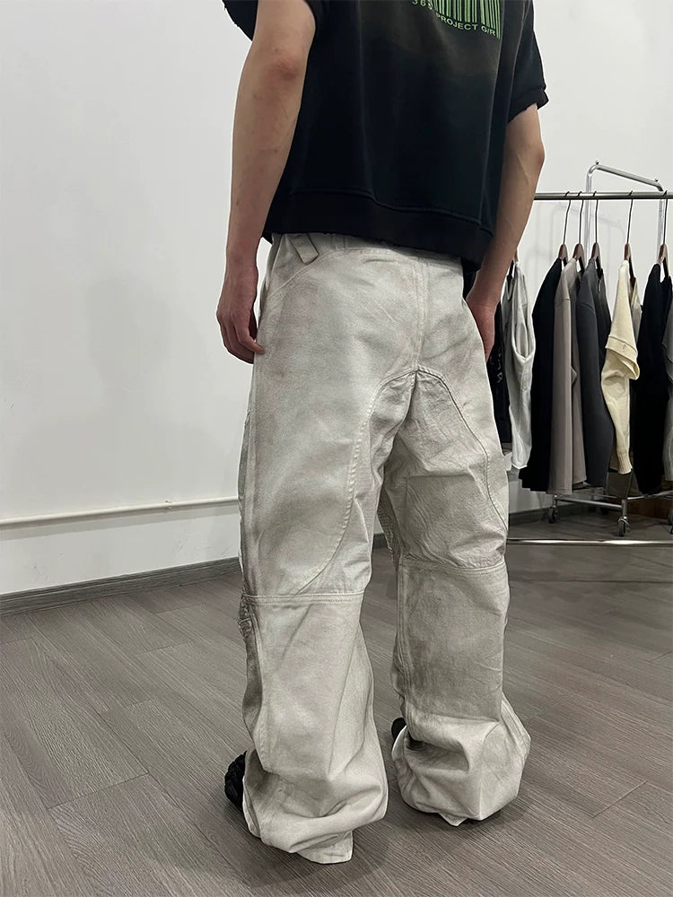 Rubbed Dirty Distressed White Biker Style Pleated Silhouette Wide-Leg Casual Denim Trousers for Men