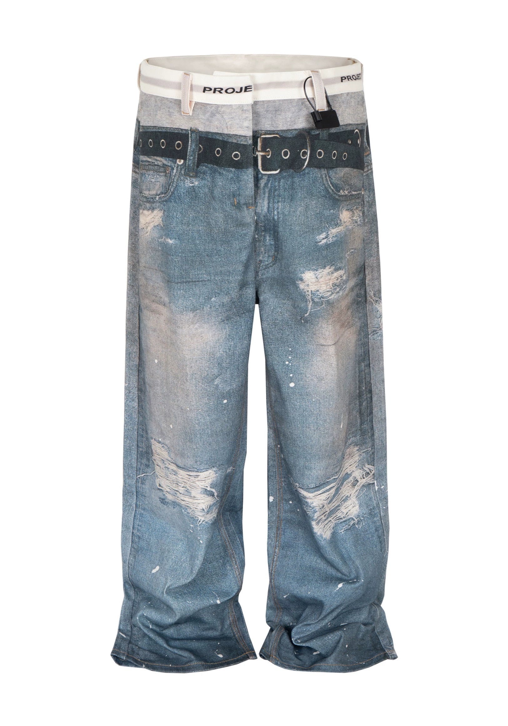 3d Blue Printed Denim Three-dimensional Visual Effect Loose Double Waist Toe Mopping Wide Leg Jeans Tide