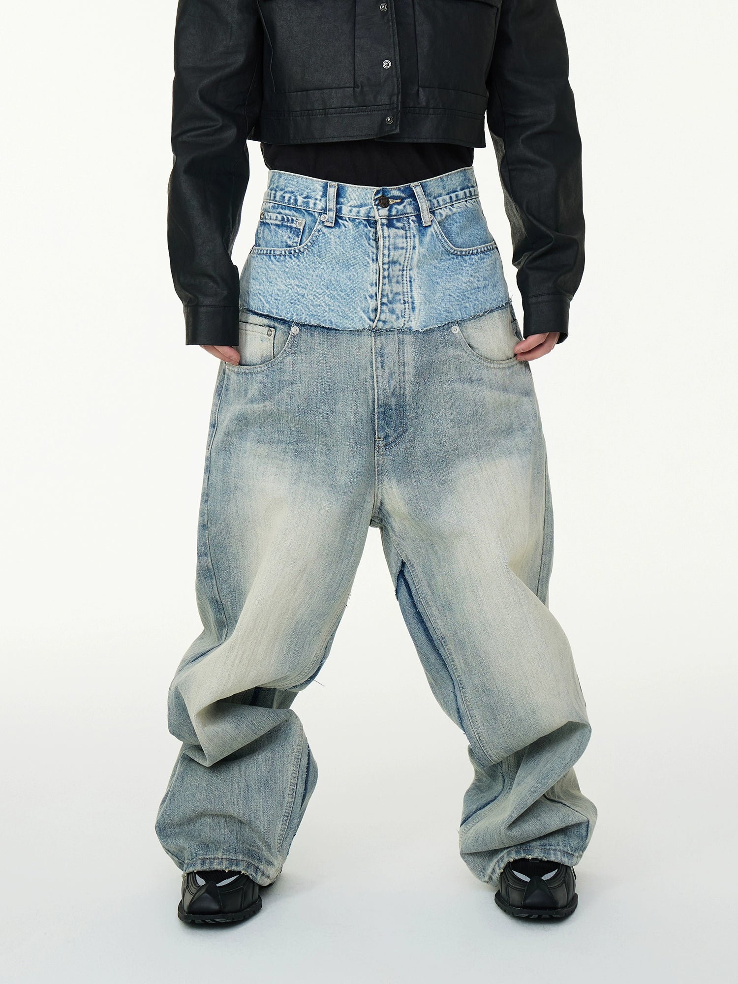Oversized Denim Utility Pants With Layered Waistband Detail Baggy Crotch Jeans