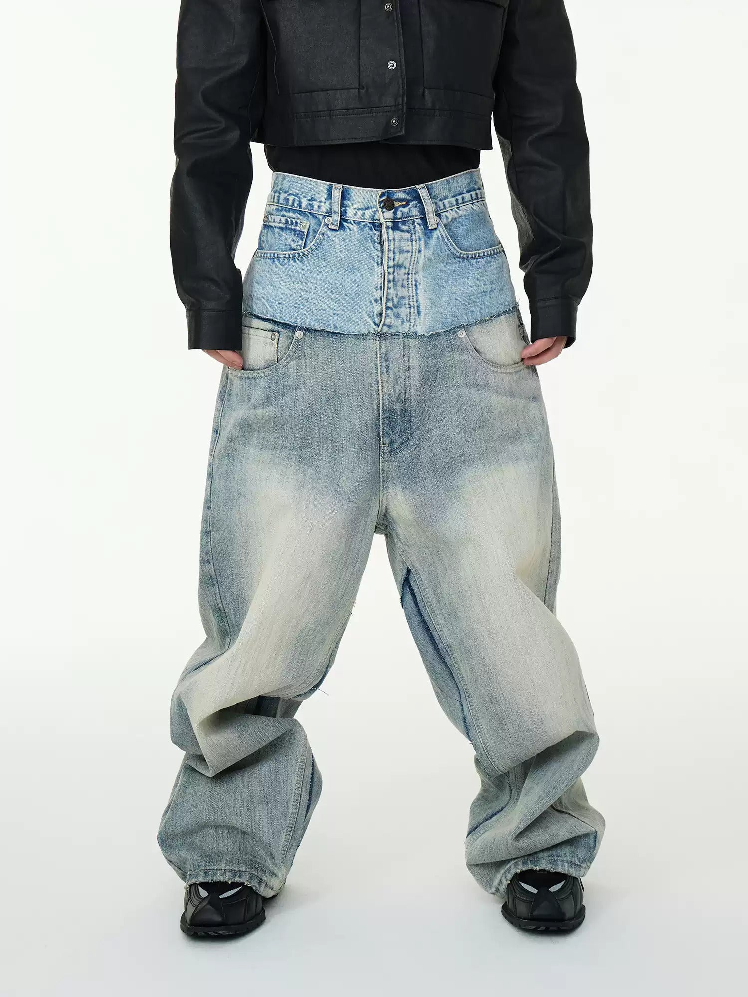 Oversized Denim Utility Pants With Layered Waistband Detail Baggy Crotch Jeans
