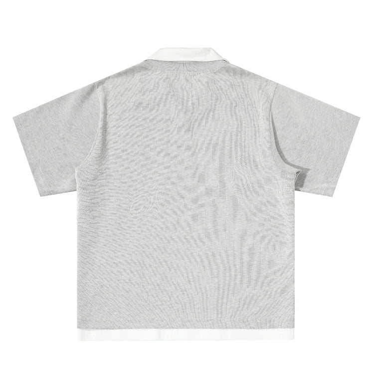 Men’s Contrast Collar Knit Polo Shirt – Short Sleeve Casual Grey Top with White Trim