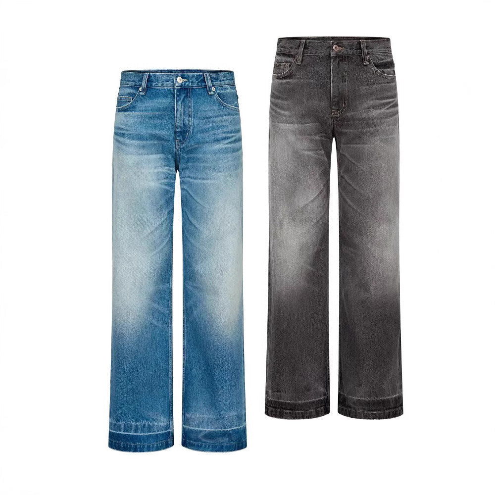"Glacier Ripple" Ice Washed Blue and Black Old High Ounce A-line straight wide-leg Jeans for Men