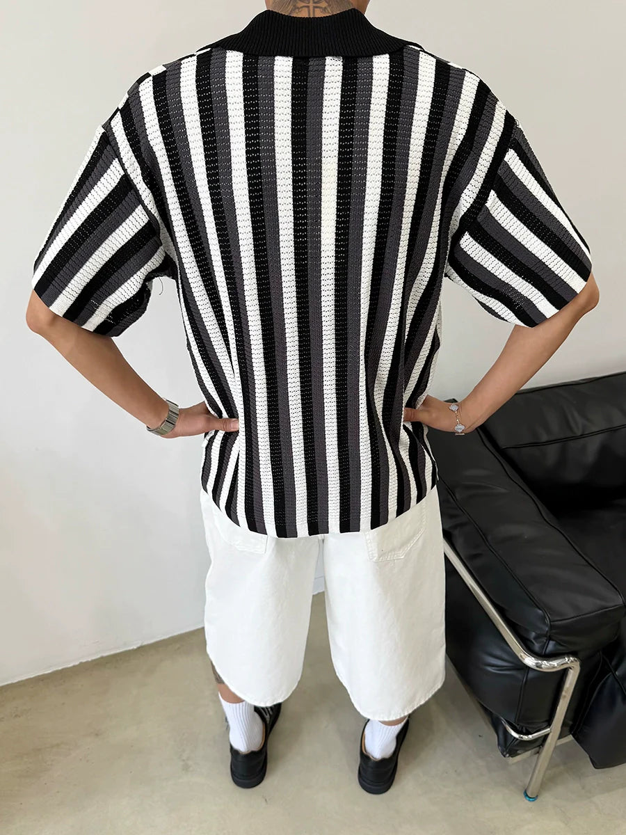 [old money style] American vintage cut-out woven striped shirt men's knitted short-sleeved polo shirt
