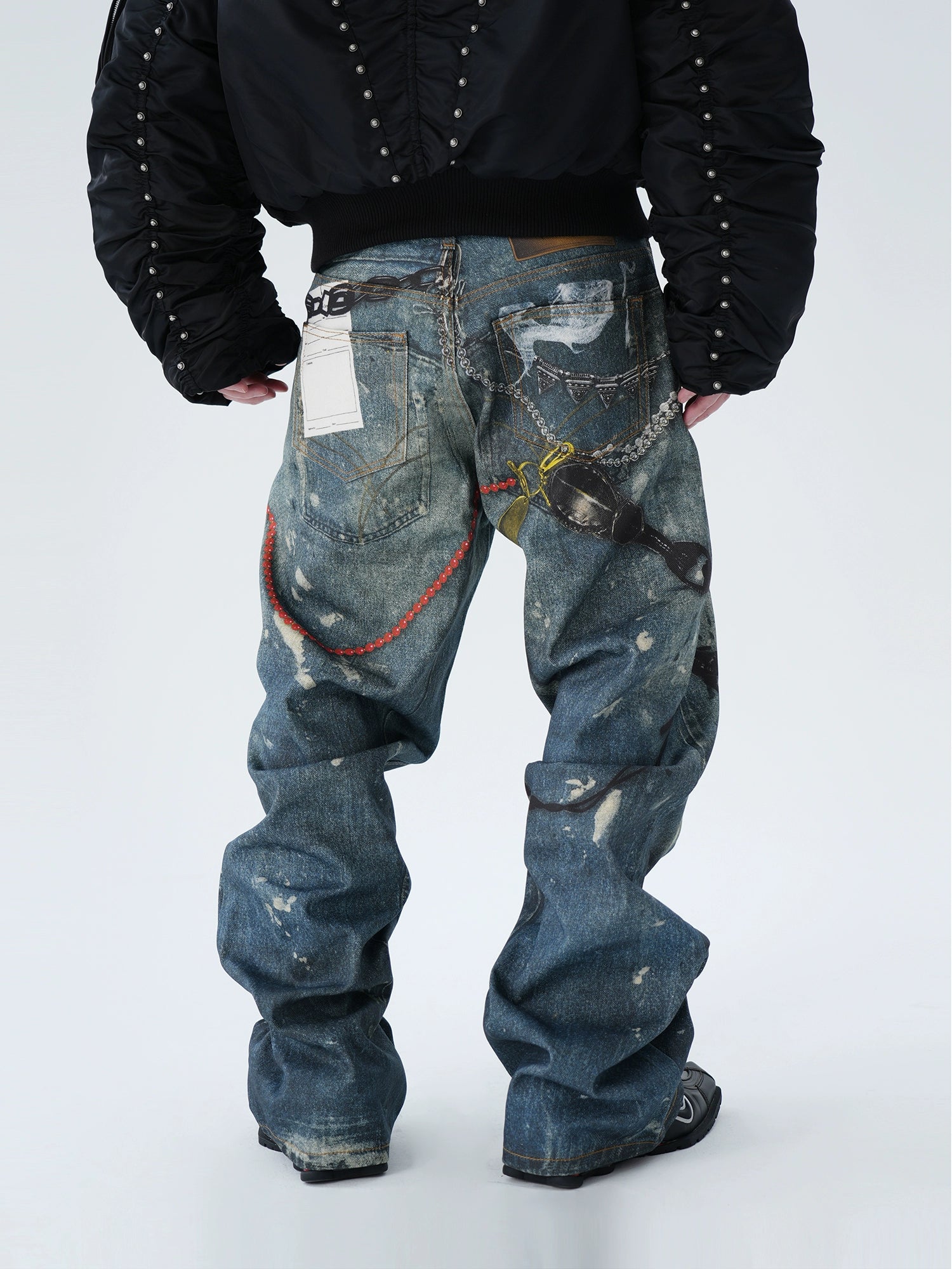 Cubbiluppi™ Printed Chain & Scissors Graphic on a Loose Straight Wide Leg Denim Jeans Trousers Tide for Men