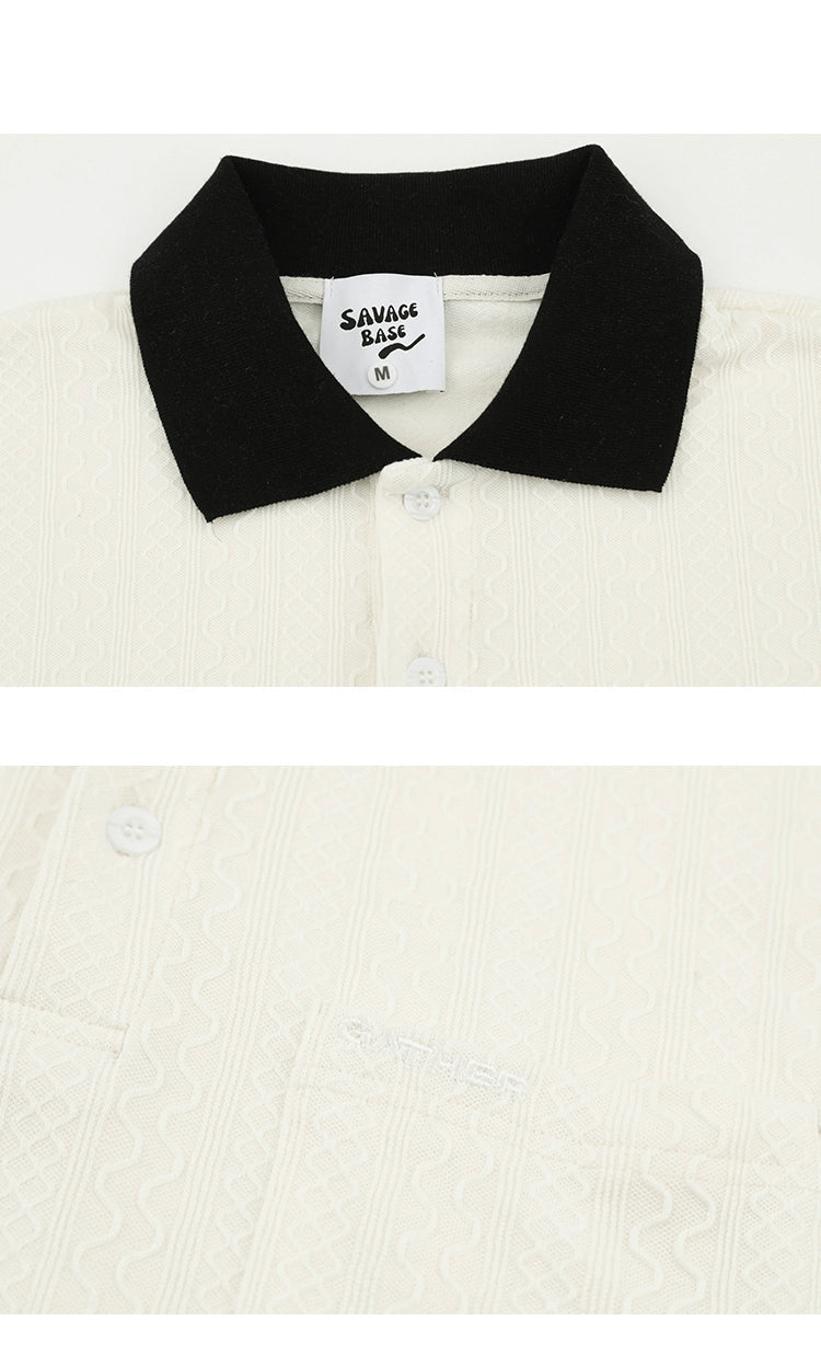 Minimalist White Polo Shirt with Black Contrast Collar and Pocket Detail