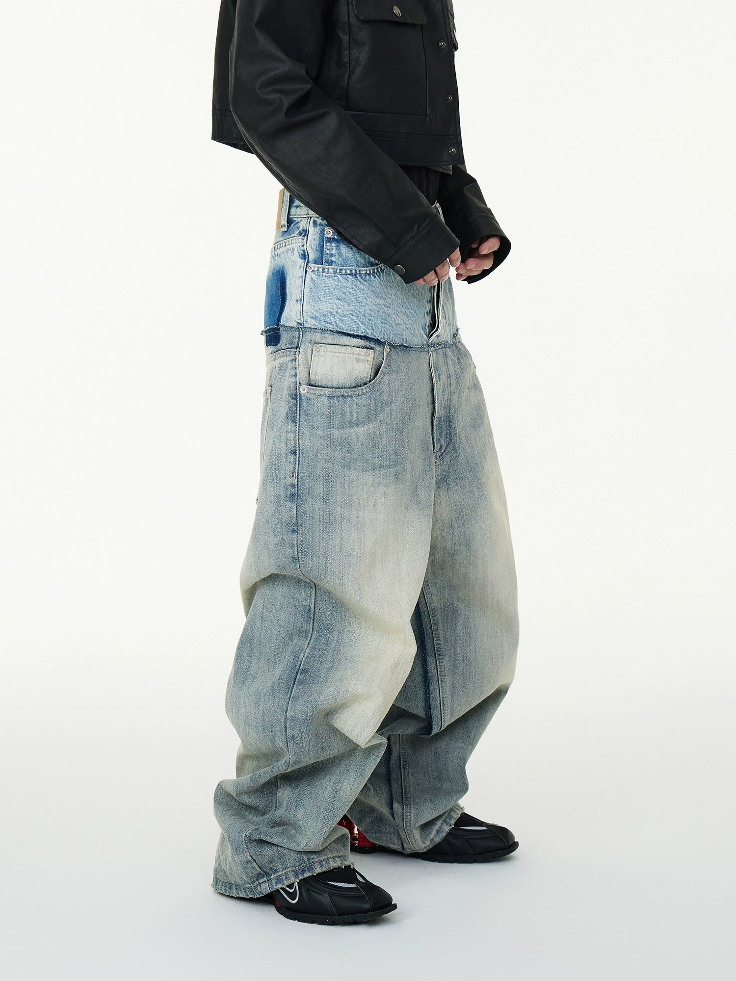 Oversized Denim Utility Pants With Layered Waistband Detail Baggy Crotch Jeans