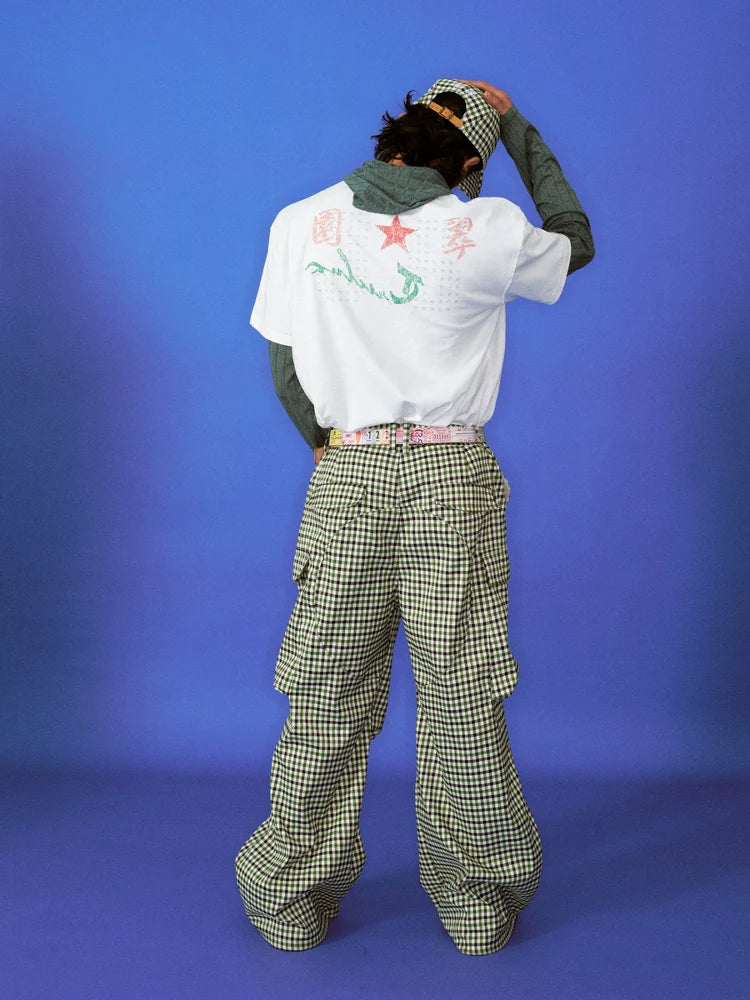 Green Check Premium Street Vintage Pocket Pants Cargo for Men & Women