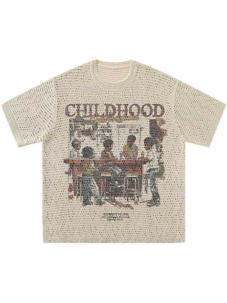 Kids Party Vintage Street Design Knitted Oversize Shirt - Khaki Short-Sleeved T-shirt For Men & Women
