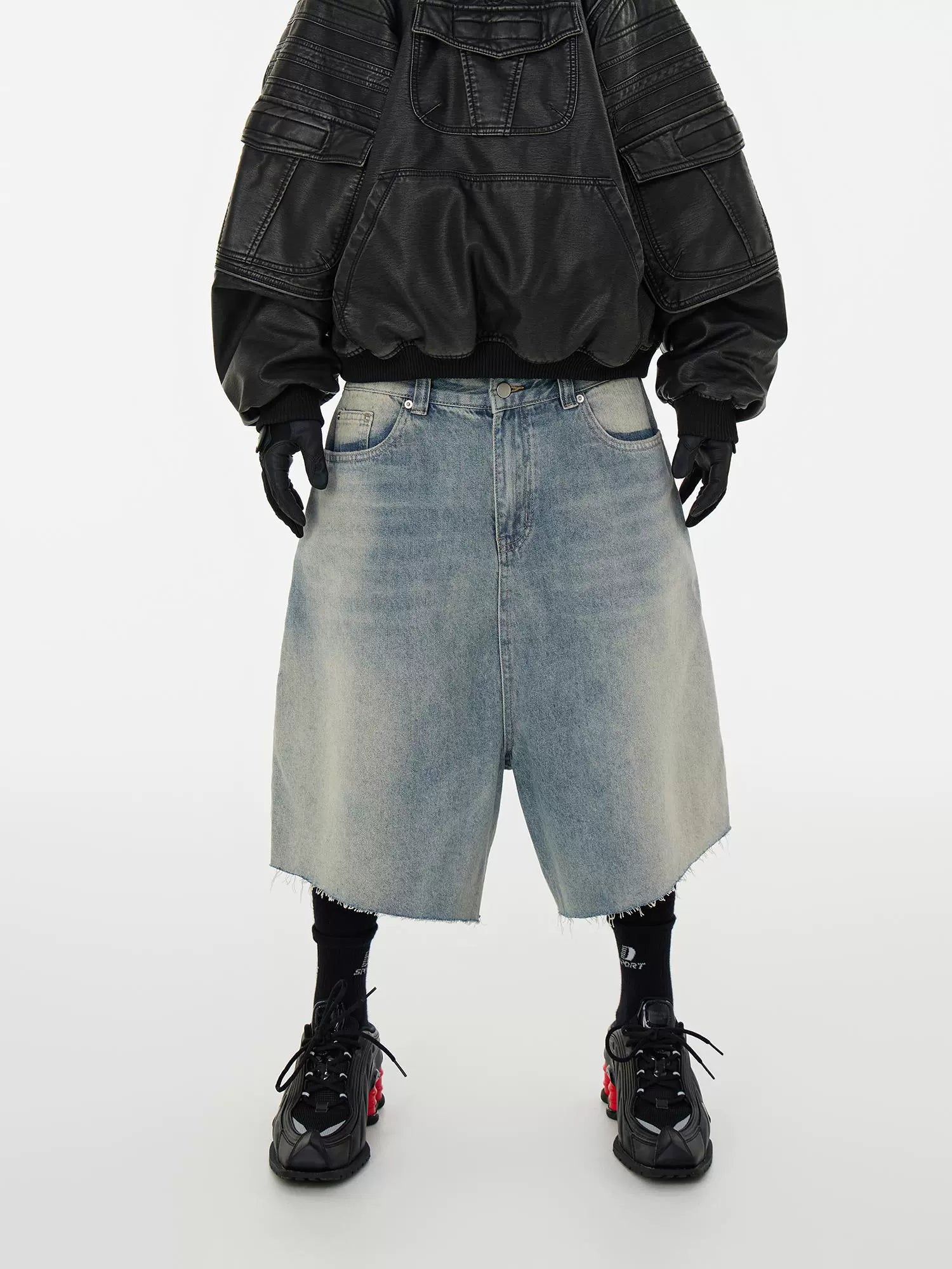 CubbiiLuppii Over-the-knee Cropped Pants Tide, Washed Vintage Knife Cut Raw Edge Loose Denim Shorts