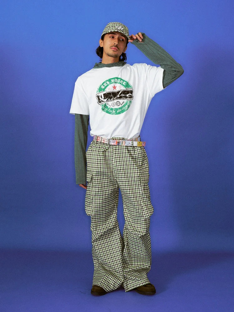 Green Check Premium Street Vintage Pocket Pants Cargo for Men & Women