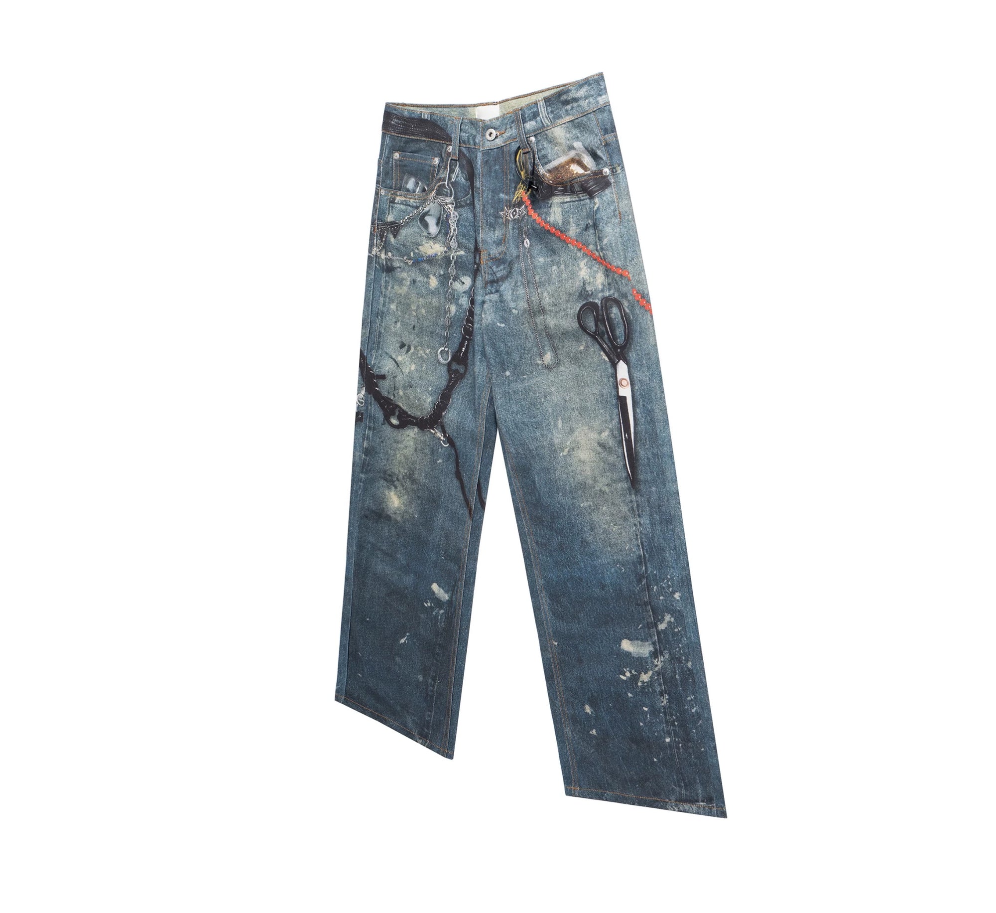 Cubbiluppi™ Printed Chain & Scissors Graphic on a Loose Straight Wide Leg Denim Jeans Trousers Tide for Men