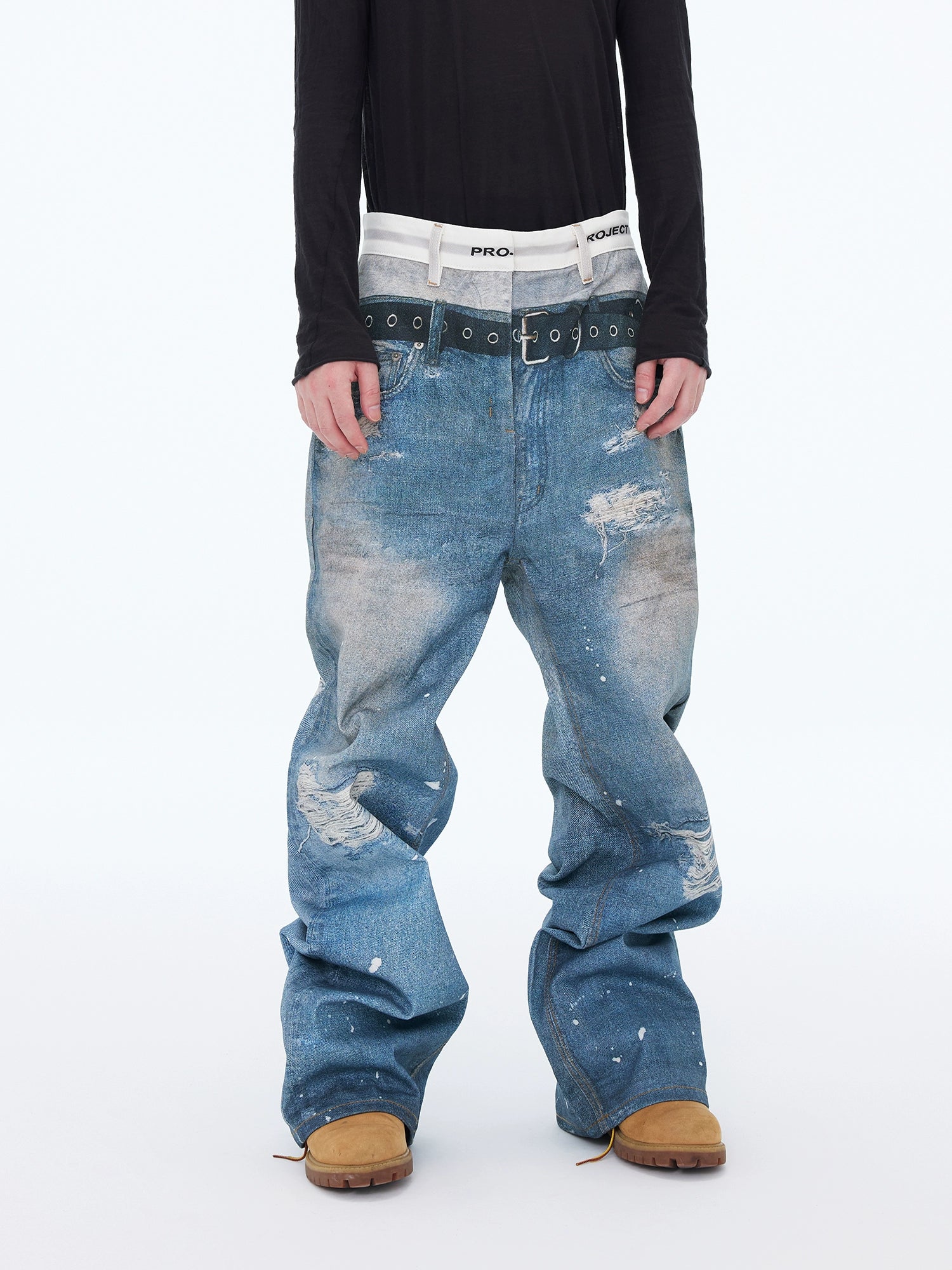 3d Blue Printed Denim Three-dimensional Visual Effect Loose Double Waist Toe Mopping Wide Leg Jeans Tide