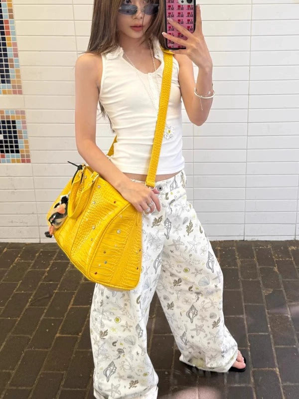 Vibrant Yellow Croc-Embossed Handbag with Colorful Gemstone Details & Chain Strap for Men & Women