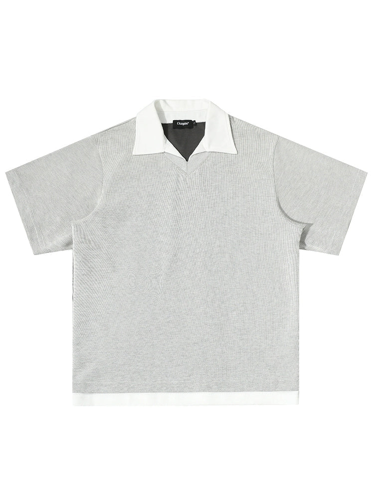 Men’s Contrast Collar Knit Polo Shirt – Short Sleeve Casual Grey Top with White Trim