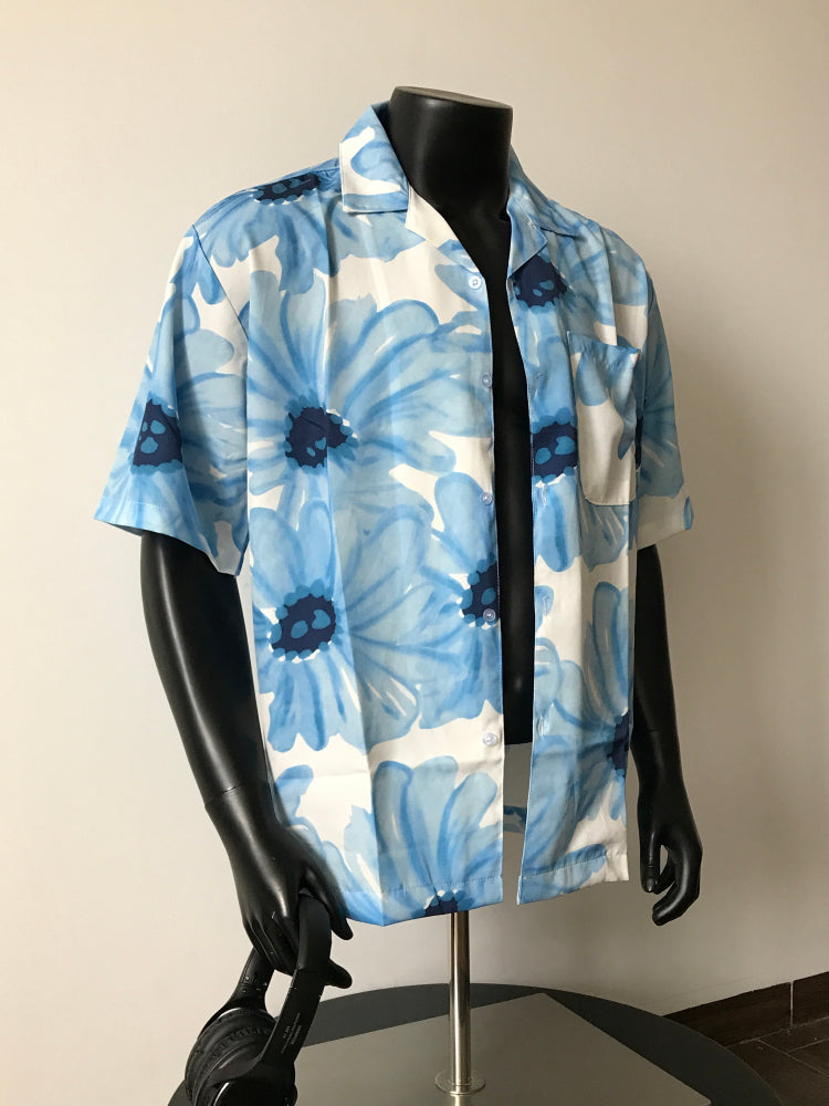 Tropical Casual Style Blue Flowered with Daisy Print Short-Sleeved Shirt for Men & Women Oversize Breathable Shirt