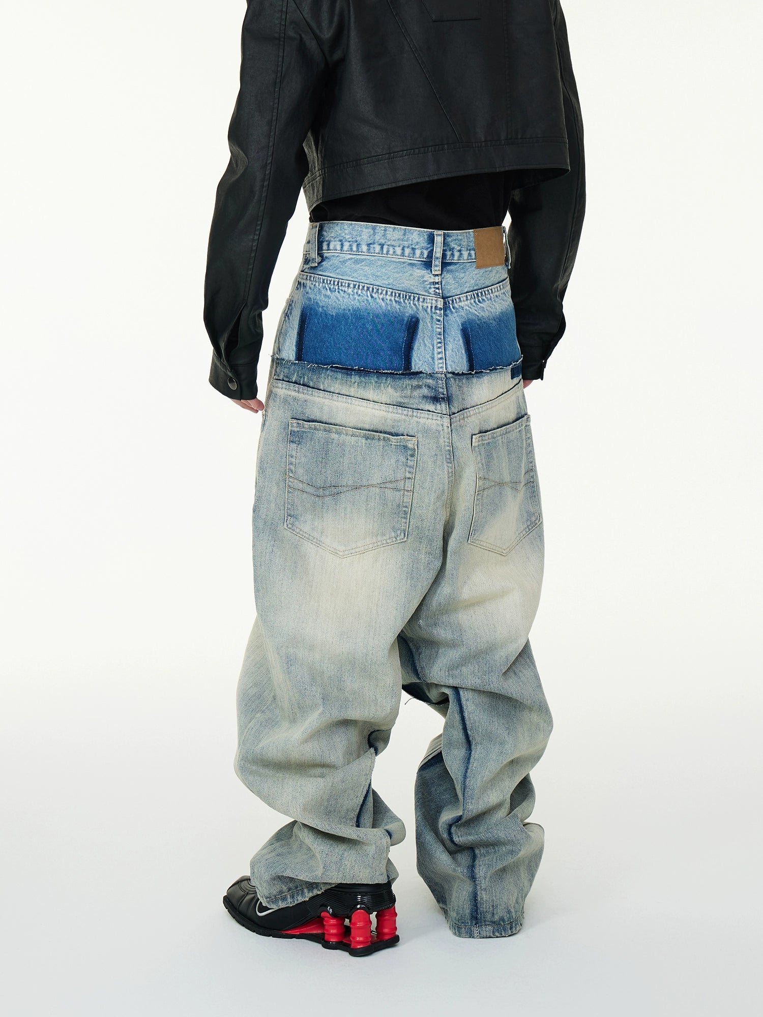 Oversized Denim Utility Pants With Layered Waistband Detail Baggy Crotch Jeans