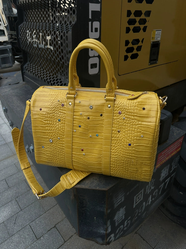 Vibrant Yellow Croc-Embossed Handbag with Colorful Gemstone Details & Chain Strap for Men & Women
