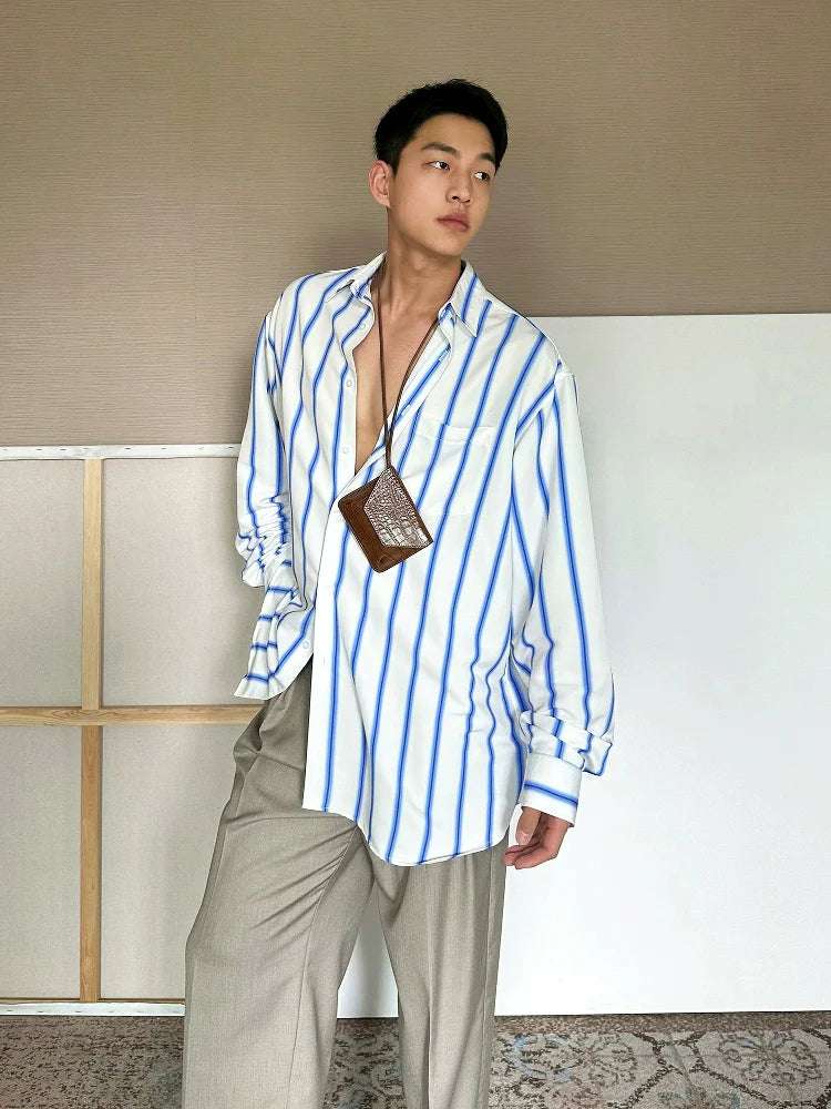 Men’s Striped Button-Down Shirt – Relaxed Fit with Blue Stripes for Effortless Casual Style