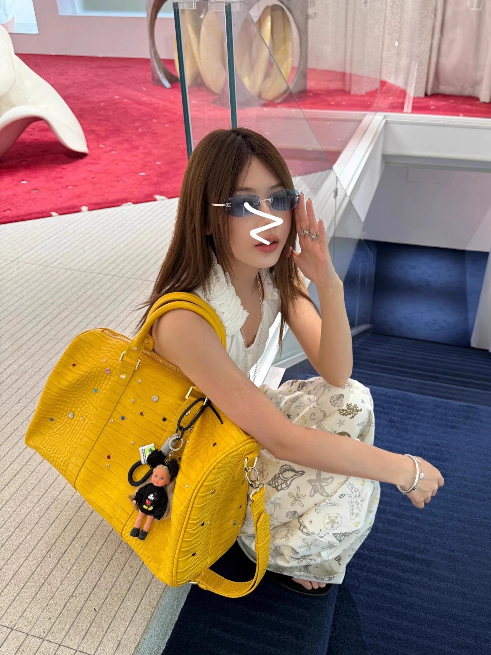 Vibrant Yellow Croc-Embossed Handbag with Colorful Gemstone Details & Chain Strap for Men & Women