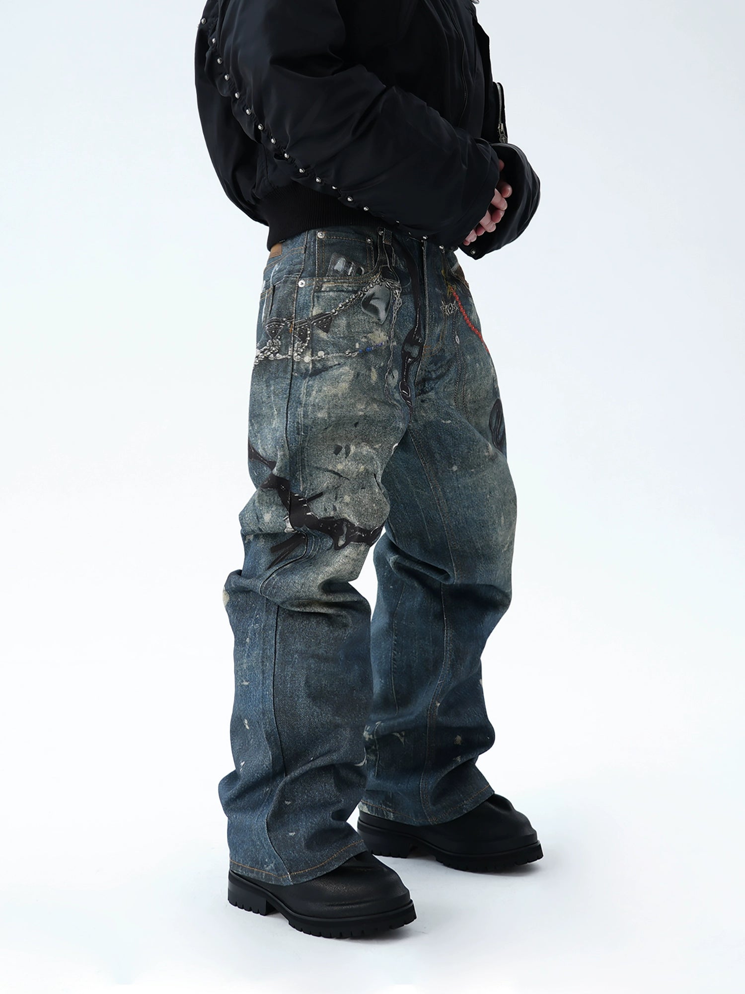 Cubbiluppi™ Printed Chain & Scissors Graphic on a Loose Straight Wide Leg Denim Jeans Trousers Tide for Men