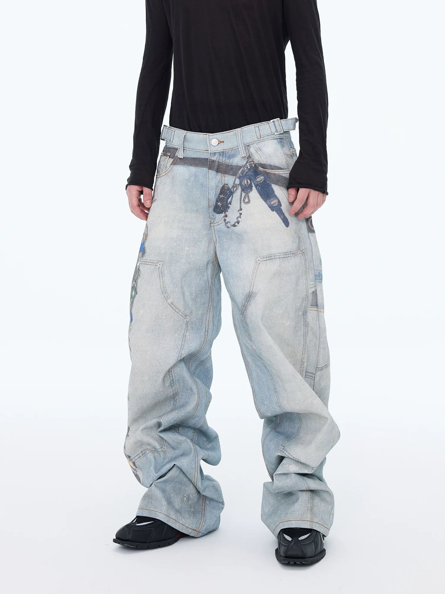 Loose Straight Wide-Leg Floor-Length Blue Jeans with Printed Visual Keychain Pattern
