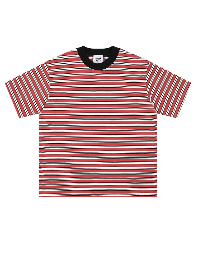 Retro Niche Design Sense Trendy Stripes, Contrast Round Neck Pullover, Loose And Versatile Short Sleeve T-shirt