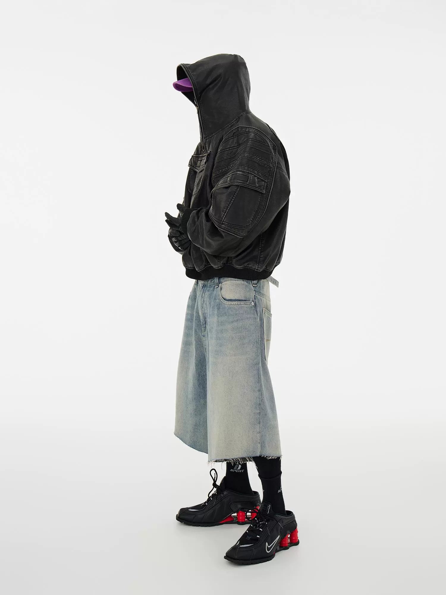 CubbiiLuppii Over-the-knee Cropped Pants Tide, Washed Vintage Knife Cut Raw Edge Loose Denim Shorts