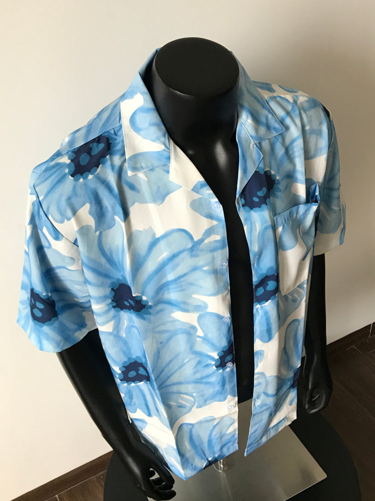 Tropical Casual Style Blue Flowered with Daisy Print Short-Sleeved Shirt for Men & Women Oversize Breathable Shirt