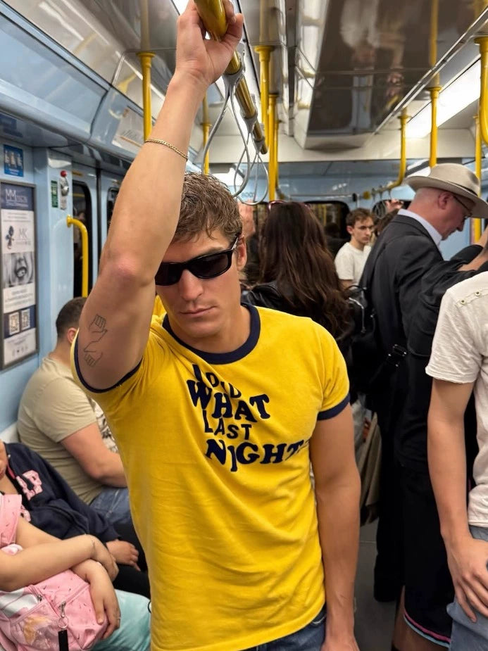 Black & Yellow Contrasting Letters "I DID WHAT LAST NIGHT?", Short-sleeved Unisex Leisure Travel T-shirt